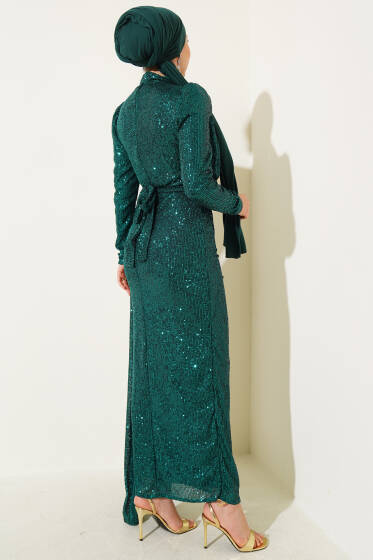 Fermuarlı Pullu Kuşaklı Abiye Elbise Yeşil