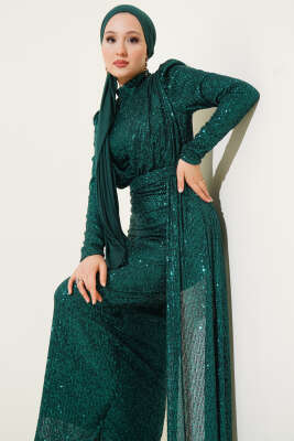 Fermuarlı Pullu Kuşaklı Abiye Elbise Yeşil - Tesettür Elbise