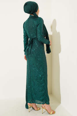 Fermuarlı Pullu Kuşaklı Abiye Elbise Yeşil - Tesettür Elbise