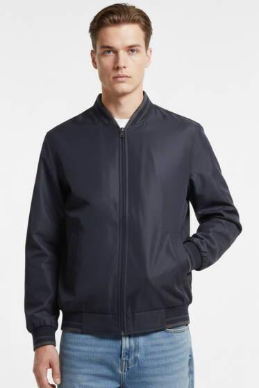 Fermuarlı Ribana Detaylı Mevsimlik Erkek Mont Lacivert - Erkek Mont