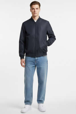 Fermuarlı Ribana Detaylı Mevsimlik Erkek Mont Lacivert - Erkek Mont