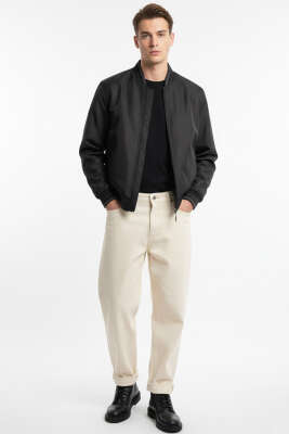 Fermuarlı Ribana Detaylı Mevsimlik Erkek Mont Siyah - Erkek Mont