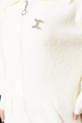 Fermuarlı Sakallı Triko Hırka Ekru - Triko Hırka