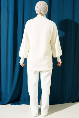 Fermuarlı Sakallı Triko Hırka Ekru - Triko Hırka