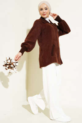 Fermuarlı Sakallı Triko Hırka Kahve - Triko Hırka