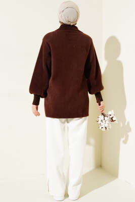 Fermuarlı Sakallı Triko Hırka Kahve - Triko Hırka