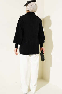 Fermuarlı Sakallı Triko Hırka Siyah - Triko Hırka