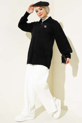 Fermuarlı Sakallı Triko Hırka Siyah - Triko Hırka