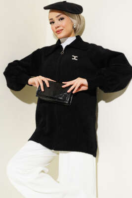 Fermuarlı Sakallı Triko Hırka Siyah - Triko Hırka