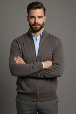 Fermuarlı Selanik Erkek Hırka Kahve - HİT TİME