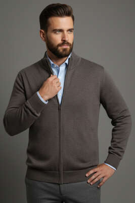 Fermuarlı Selanik Erkek Hırka Kahve - Yeni Erkek Giyim