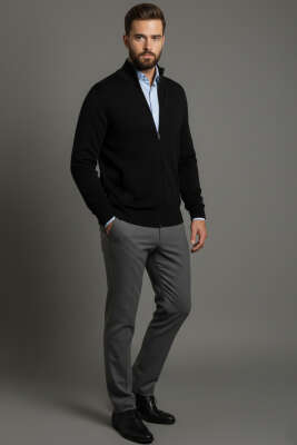 Fermuarlı Selanik Erkek Hırka Siyah - Erkek Hırka