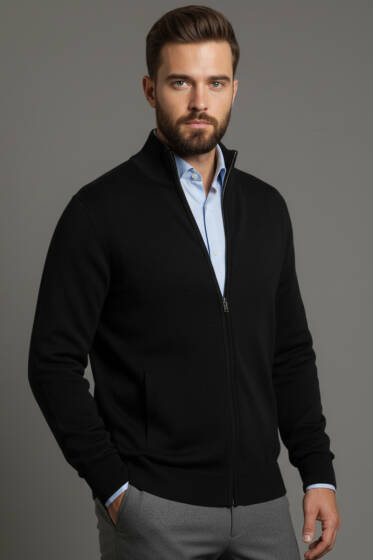 Fermuarlı Selanik Erkek Hırka Siyah - Yeni Erkek Giyim