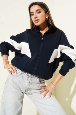 Fermuarlı Şerit Detaylı Şardonlu Hırka Lacivert - HELLIE