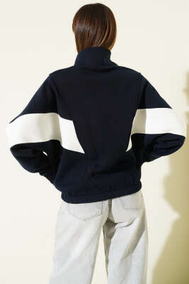 Fermuarlı Şerit Detaylı Şardonlu Hırka Lacivert - Kadın Giyim Modelleri