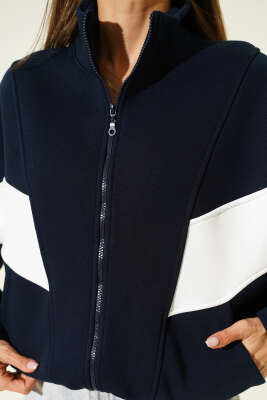 Fermuarlı Şerit Detaylı Şardonlu Hırka Lacivert - Kadın Giyim Modelleri