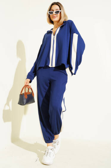 Fermuarlı Şeritli İkili Takım Lacivert - Kadın Giyim Modelleri