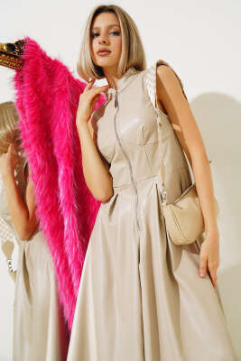 Fermuarlı Sıfır Kol Deri Elbise Bej - Kadın Giyim Modelleri