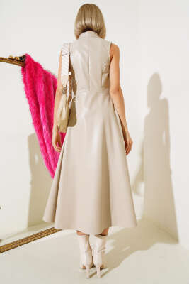 Fermuarlı Sıfır Kol Deri Elbise Bej - Kadın Giyim Modelleri