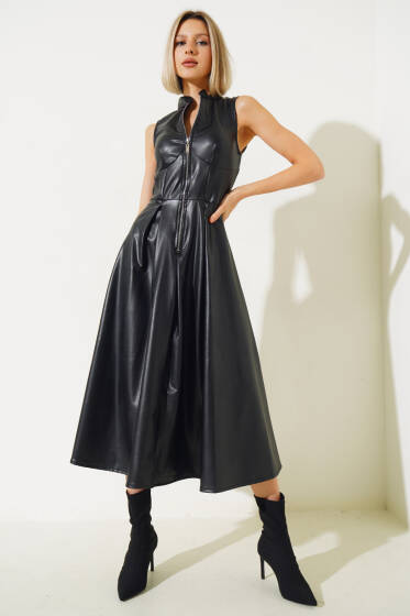 Fermuarlı Sıfır Kol Deri Elbise Siyah - Yeni Giyim