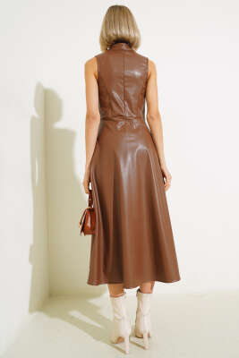 Fermuarlı Sıfır Kol Deri Elbise Taba - Kadın Giyim Modelleri