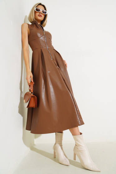 Fermuarlı Sıfır Kol Deri Elbise Taba - Kadın Giyim Modelleri