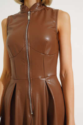 Fermuarlı Sıfır Kol Deri Elbise Taba - Kadın Giyim Modelleri