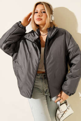 Fermuarlı Şişme Kısa Mont Füme - Kadın Giyim Modelleri