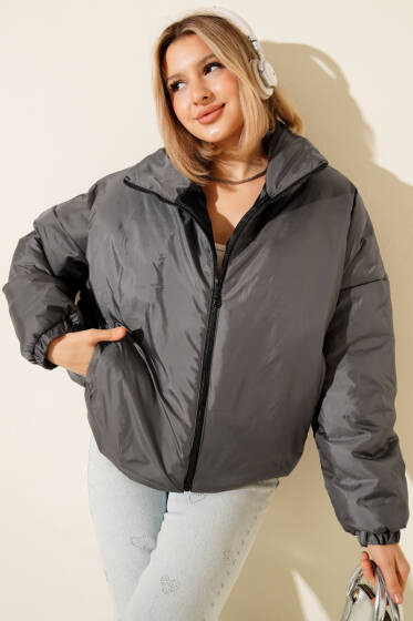 Fermuarlı Şişme Kısa Mont Füme - Yeni Giyim