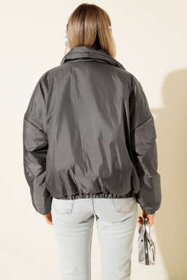 Fermuarlı Şişme Kısa Mont Füme - Yeni Giyim