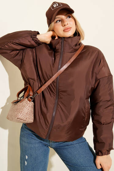 Fermuarlı Şişme Kısa Mont Kahve - Yeni Giyim