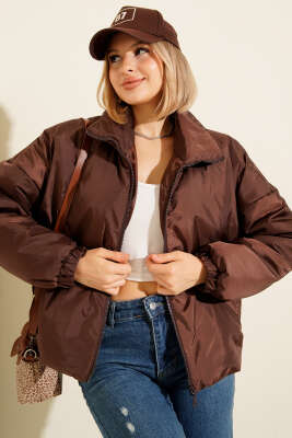 Fermuarlı Şişme Kısa Mont Kahve - Yeni Giyim