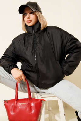 Fermuarlı Şişme Kısa Mont Siyah - Kadın Giyim Modelleri