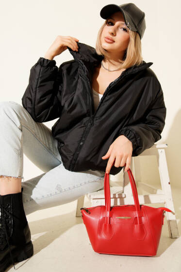 Fermuarlı Şişme Kısa Mont Siyah - Yeni Giyim