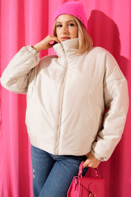 Fermuarlı Şişme Kısa Mont Taş - Yeni Giyim