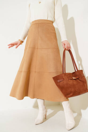 Fermuarlı Süet Kloş Etek Camel - Etek