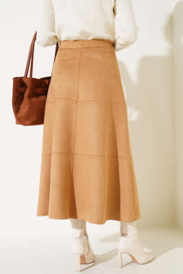 Fermuarlı Süet Kloş Etek Camel - Uzun Etek
