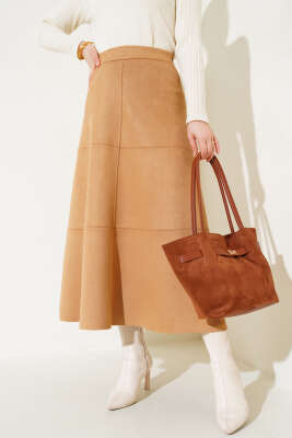 Fermuarlı Süet Kloş Etek Camel - Uzun Etek