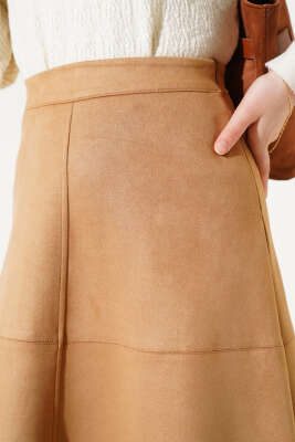 Fermuarlı Süet Kloş Etek Camel - Uzun Etek