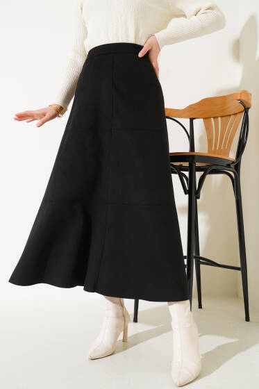 Fermuarlı Süet Kloş Etek Siyah - Etek