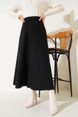 Fermuarlı Süet Kloş Etek Siyah - Uzun Etek