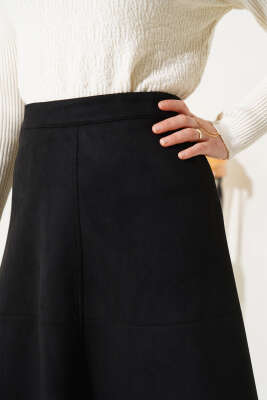 Fermuarlı Süet Kloş Etek Siyah - Uzun Etek