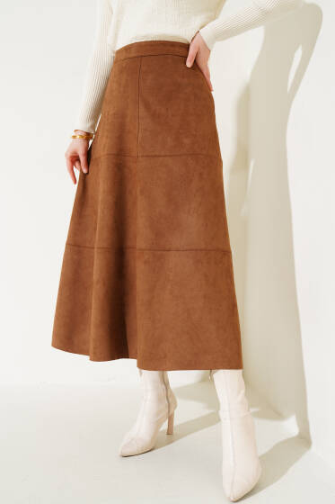 Fermuarlı Süet Kloş Etek Taba - Etek