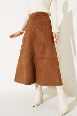 Fermuarlı Süet Kloş Etek Taba - Uzun Etek