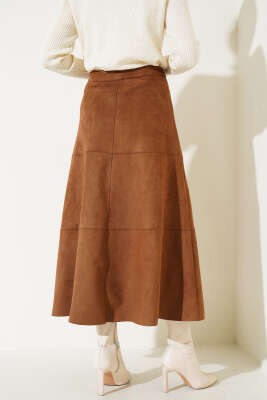 Fermuarlı Süet Kloş Etek Taba - Uzun Etek