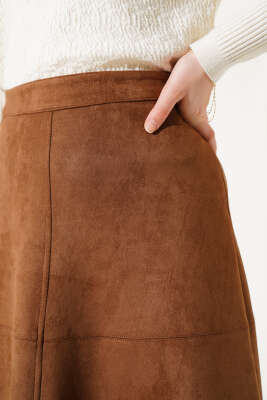 Fermuarlı Süet Kloş Etek Taba - Uzun Etek