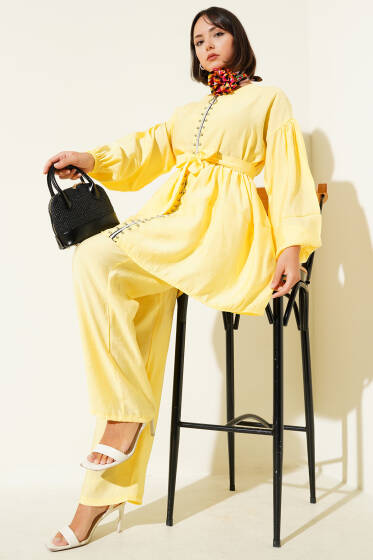 Fermuarlı Taş Detaylı İkili Takım Sarı - İkili Takım