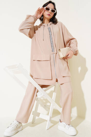 Fermuarlı Taşlı Tensel İkili Takım Bej - İkili Takım