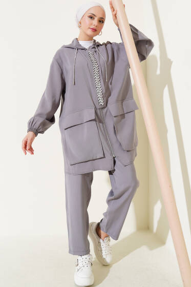 Fermuarlı Taşlı Tensel İkili Takım Gri - İkili Takım