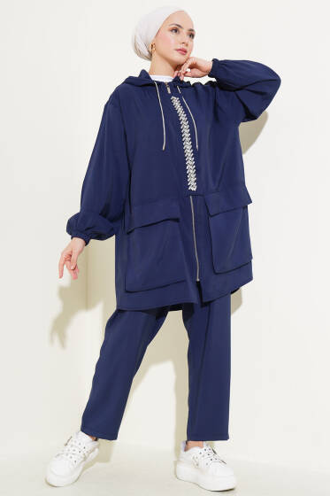 Fermuarlı Taşlı Tensel İkili Takım Lacivert - İkili Takım